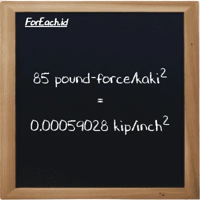 85 pound-force/kaki<sup>2</sup> setara dengan 0.00059028 kip/inch<sup>2</sup> (85 lbf/ft<sup>2</sup> setara dengan 0.00059028 ksi)